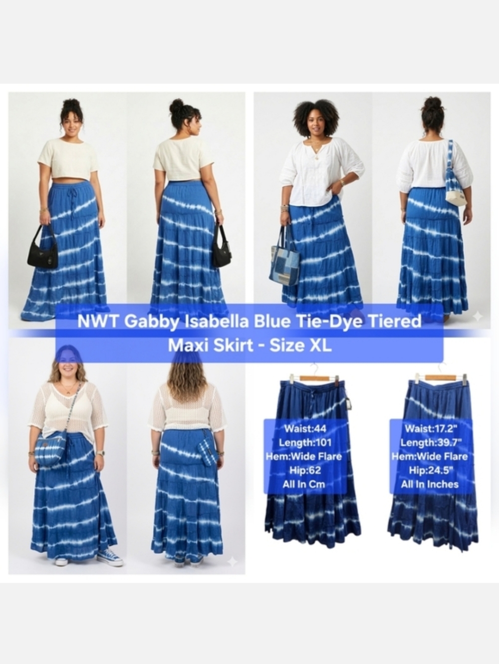NWT Gabby Isabella Blue Tie-Dye Tiered Maxi Skirt Size XL